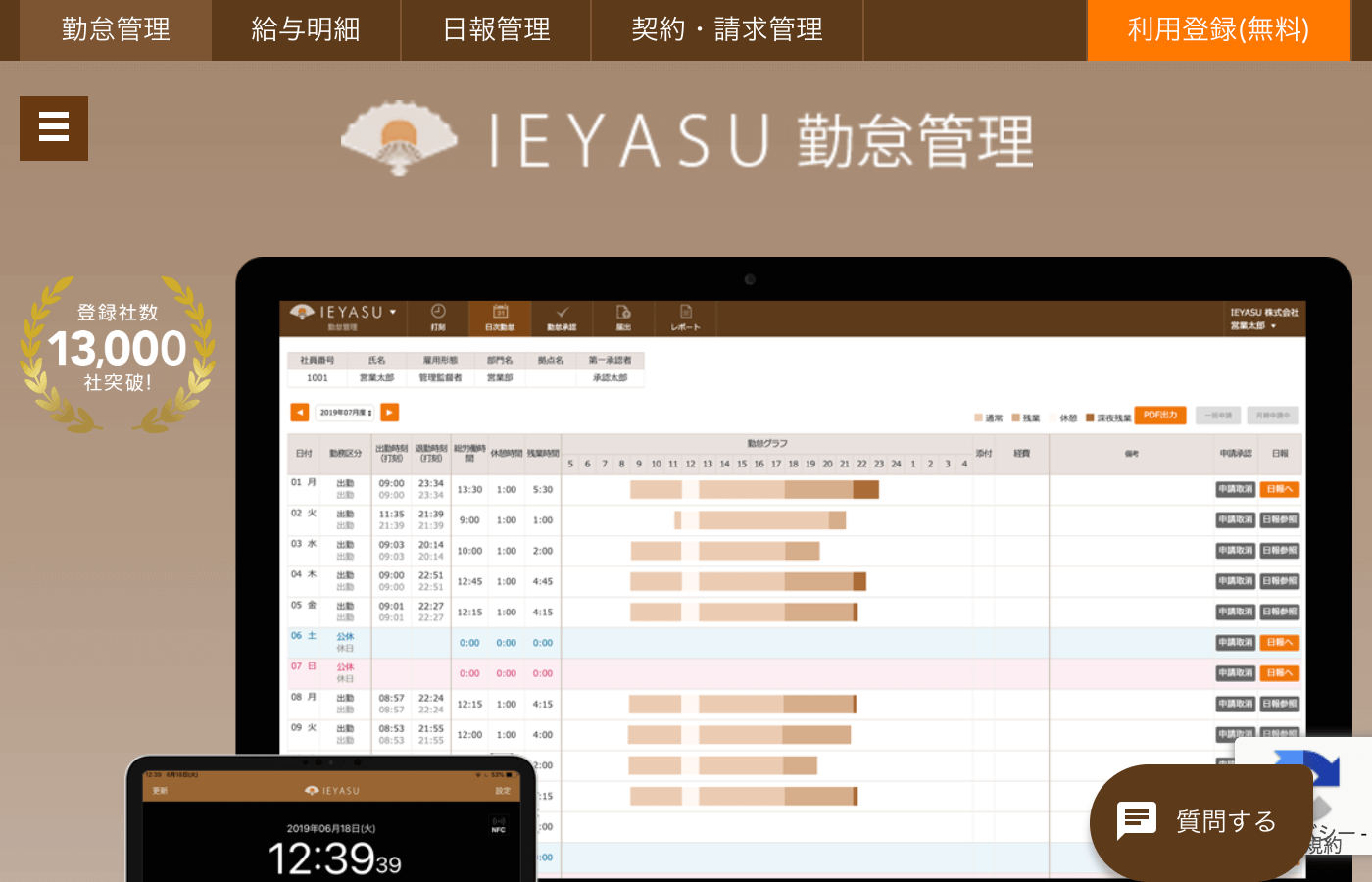 勤怠管理システム③:完全無料、確かな実績、簡単に使える勤怠管理ツール「IEYASU」