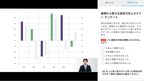 V-CUBE セミナーでのウェビナーの受講者から見たアンケート回答画面の画像です。